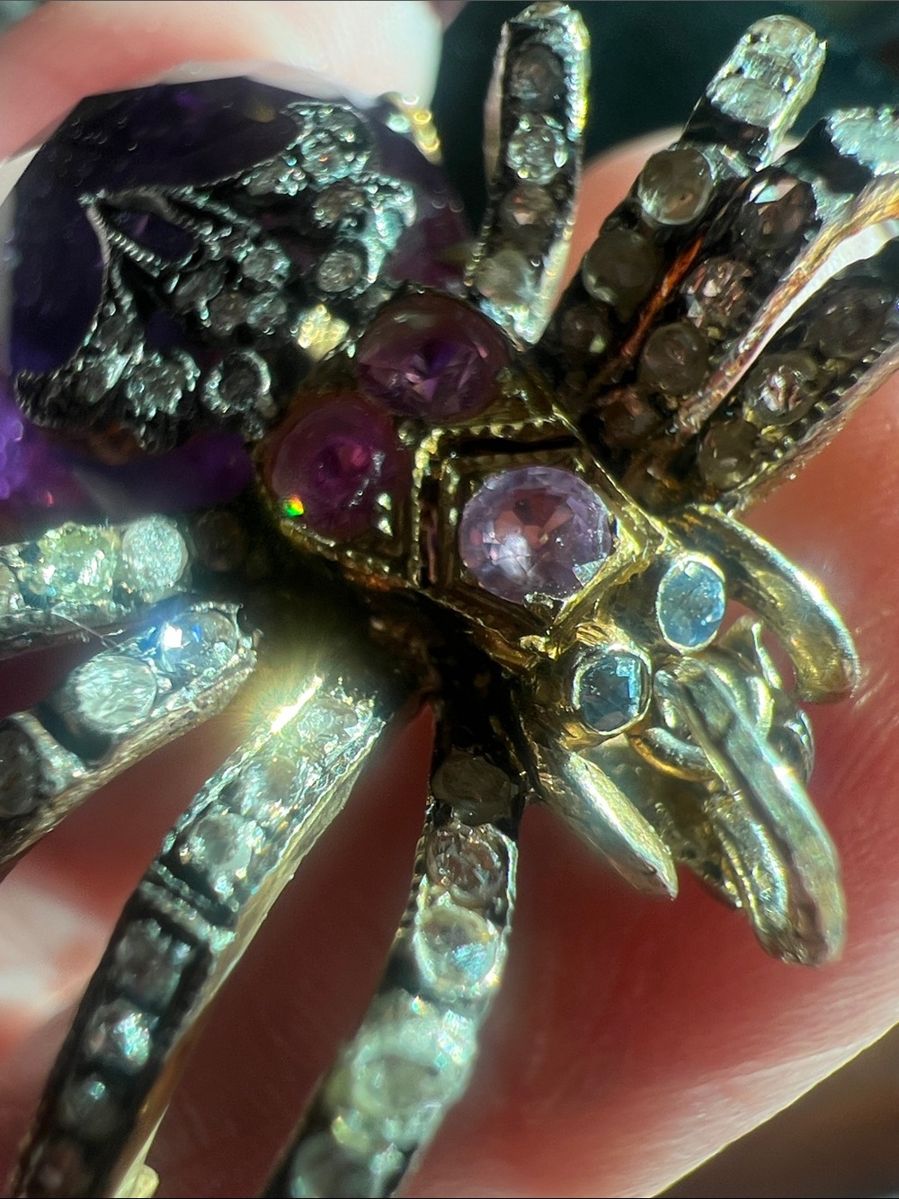 Antique SPIDER PENDANT 47.7ct Amethyst, Diamond, Blue & Pink Sapphire Gemstones - Picture 7 of 15